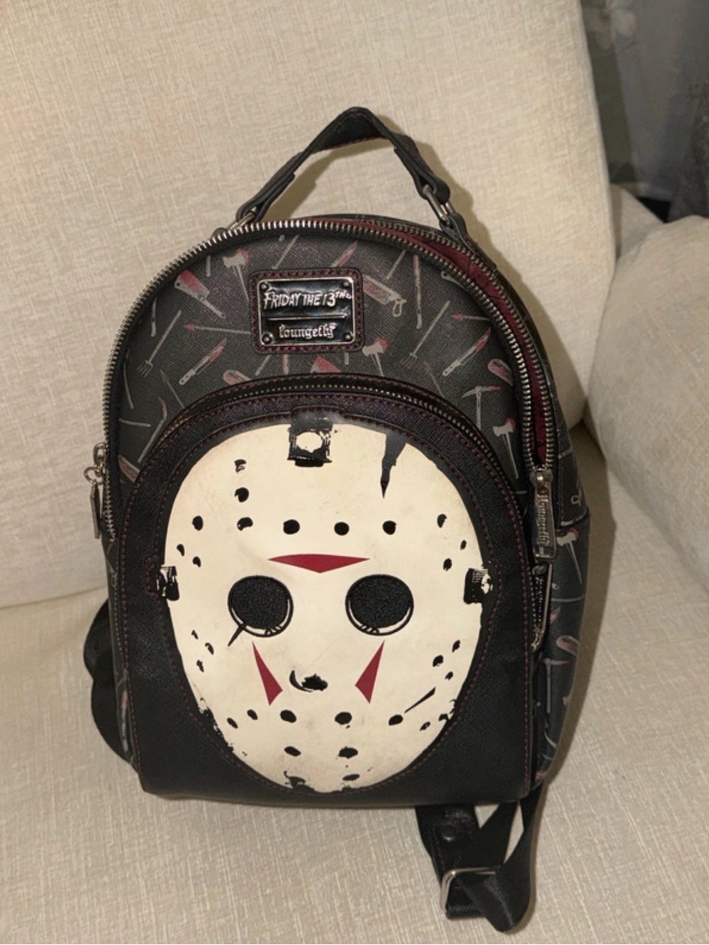 Loungefly Jason Mask Mini Backpack in Black, White, Red